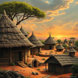 A striking depiction of African tribal housing, featuring a diverse array of traditional structures such as thatched huts and mud dwellings with intricate designs