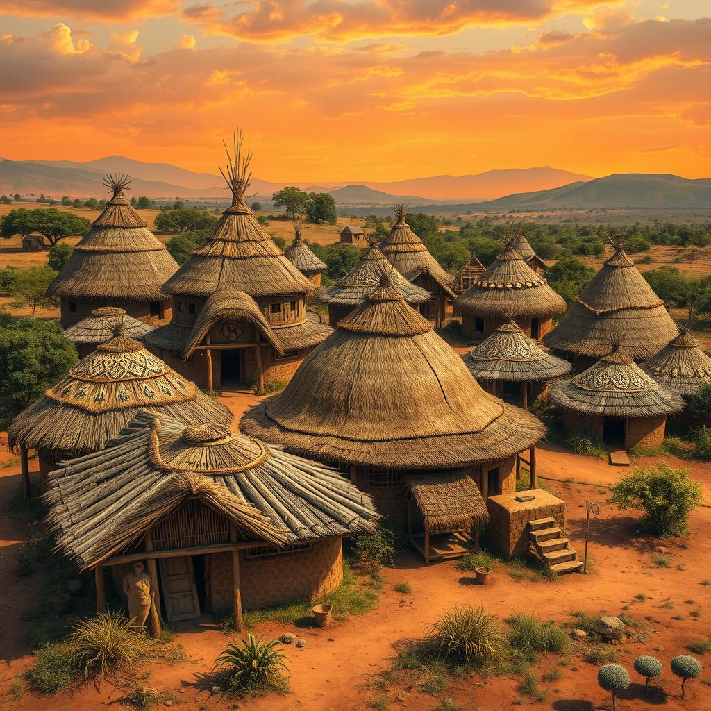 A striking depiction of African tribal housing, featuring a diverse array of traditional structures such as thatched huts and mud dwellings with intricate designs