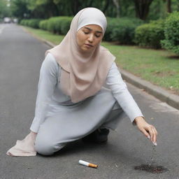 A young Asian woman wearing a hijab forcefully stomping out a cigarette on the ground