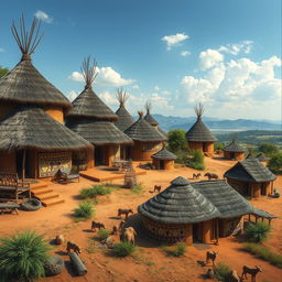 A striking depiction of African tribal housing, featuring a diverse array of traditional structures such as thatched huts and mud dwellings with intricate designs