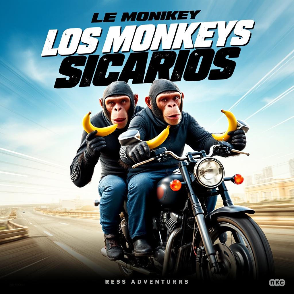 movie poster for an upcoming release titled "Los Monkeys Sicarios" featuring two apes riding on a motorcycle