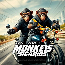 movie poster for an upcoming release titled "Los Monkeys Sicarios" featuring two apes riding on a motorcycle
