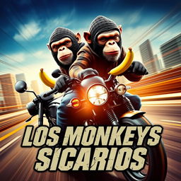movie poster for an upcoming release titled "Los Monkeys Sicarios" featuring two apes riding on a motorcycle