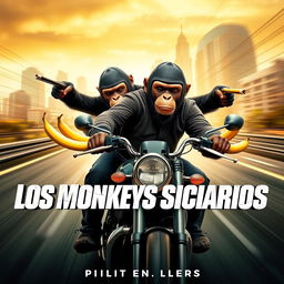 movie poster for an upcoming release titled "Los Monkeys Sicarios" featuring two apes riding on a motorcycle