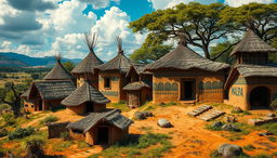 A striking depiction of African tribal housing, featuring a diverse array of traditional structures such as thatched huts and mud dwellings with intricate designs