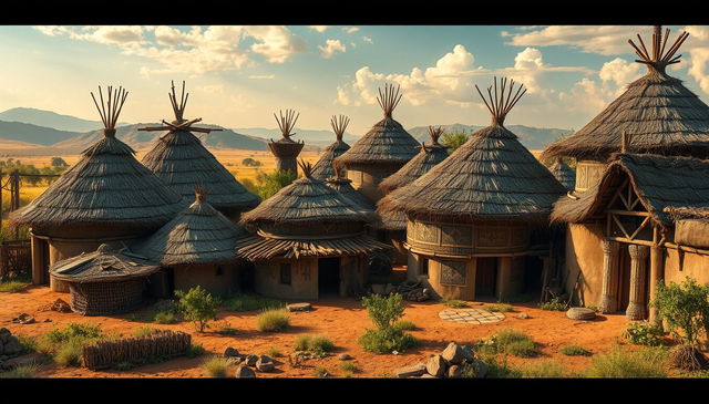 A striking depiction of African tribal housing, featuring a diverse array of traditional structures such as thatched huts and mud dwellings with intricate designs