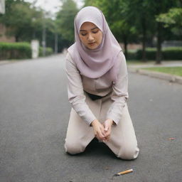 A young Asian woman wearing a hijab forcefully stomping out a cigarette on the ground