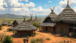 A striking depiction of African tribal housing, featuring a diverse array of traditional structures such as thatched huts and mud dwellings with intricate designs