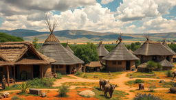 A striking depiction of African tribal housing, featuring a diverse array of traditional structures such as thatched huts and mud dwellings with intricate designs