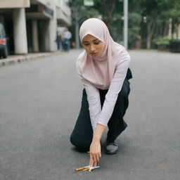 A young Asian woman wearing a hijab forcefully stomping out a cigarette on the ground