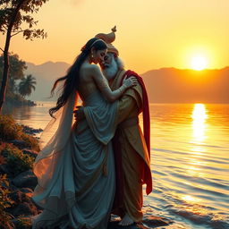 A romantic scene depicting Goddess Ganga and King Santanu embracing each other by the riverside at sunset