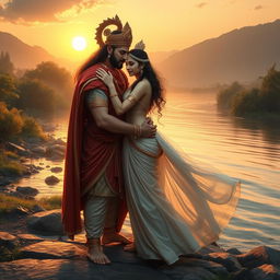 A romantic scene depicting Goddess Ganga and King Santanu embracing each other by the riverside at sunset