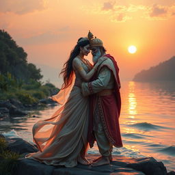 A romantic scene depicting Goddess Ganga and King Santanu embracing each other by the riverside at sunset