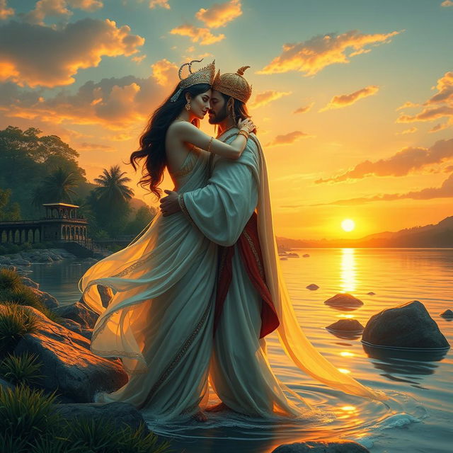A romantic scene depicting Goddess Ganga and King Santanu embracing each other by the riverside at sunset