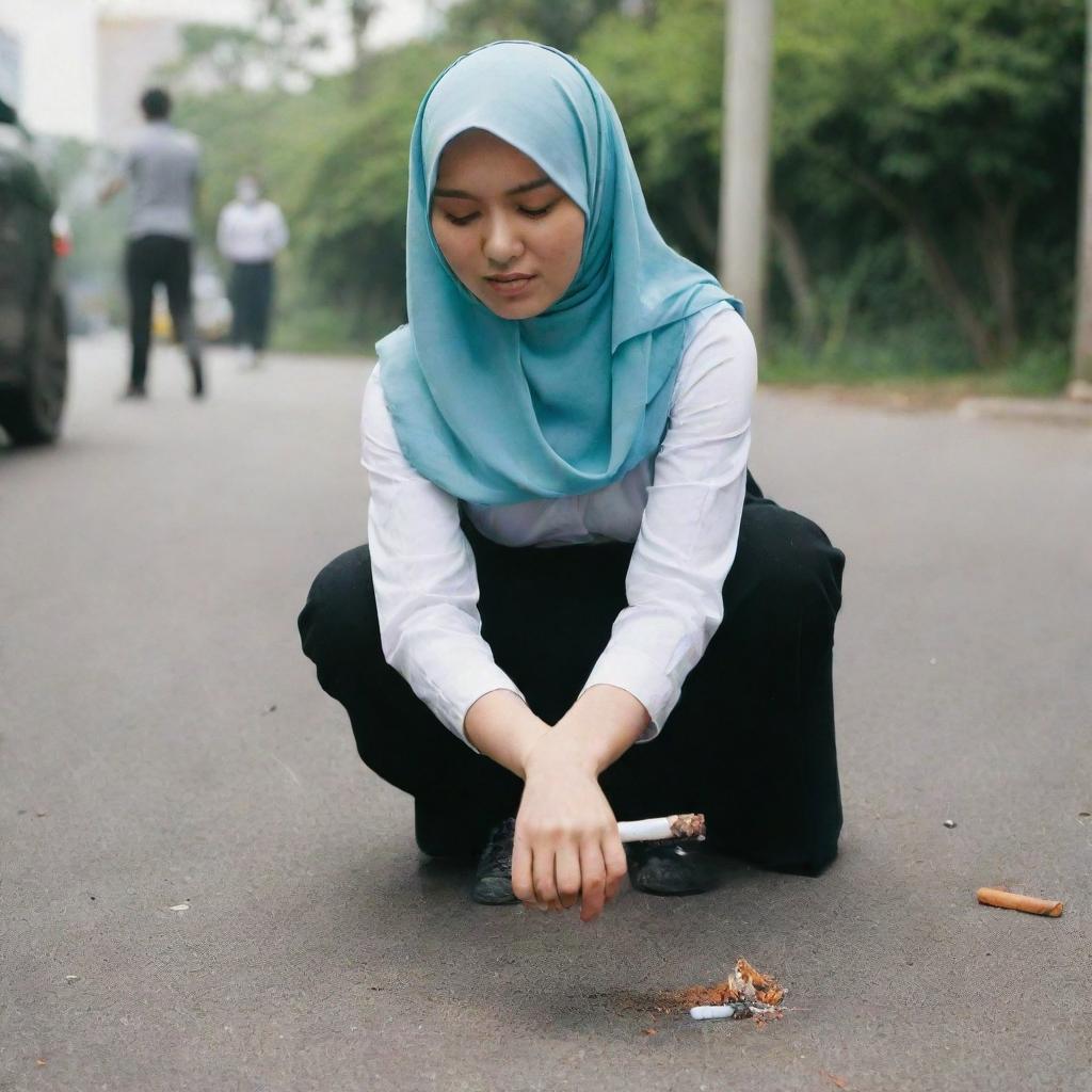 A young Asian woman wearing a hijab forcefully stomping out a cigarette on the ground