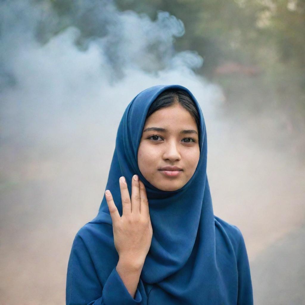 An Asian teenager wearing a hijab shielding herself from the smoke.