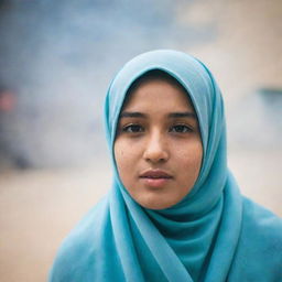 An Asian teenager wearing a hijab shielding herself from the smoke.