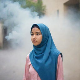 An Asian teenager wearing a hijab shielding herself from the smoke.