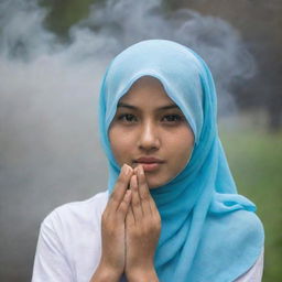 An Asian teenager wearing a hijab shielding herself from the smoke.