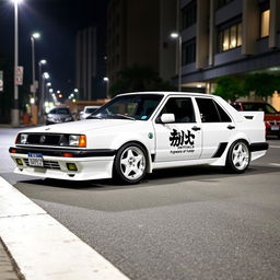 A 1997 white Škoda Felicia sedan, maintaining its original design, adorned with the iconic paint job from Initial D featuring the Fujiwara Tofu Shop theme