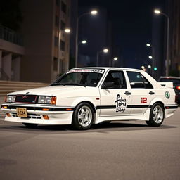 A 1997 white Škoda Felicia sedan, maintaining its original design, adorned with the iconic paint job from Initial D featuring the Fujiwara Tofu Shop theme