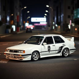 A 1997 white Škoda Felicia sedan, maintaining its original design, adorned with the iconic paint job from Initial D featuring the Fujiwara Tofu Shop theme