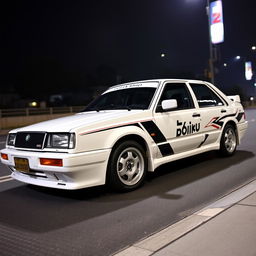 A 1997 white Škoda Felicia sedan, maintaining its original design, adorned with the iconic paint job from Initial D featuring the Fujiwara Tofu Shop theme