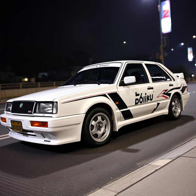 A 1997 white Škoda Felicia sedan, maintaining its original design, adorned with the iconic paint job from Initial D featuring the Fujiwara Tofu Shop theme