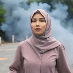 A young Asian woman wearing a hijab fleeing from smoke