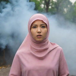 A young Asian woman wearing a hijab fleeing from smoke