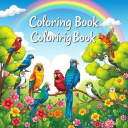 A whimsical and playful coloring book cover for children, featuring a variety of adorable birds in a vibrant natural setting