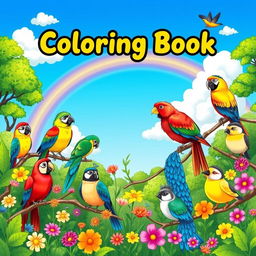 A whimsical and playful coloring book cover for children, featuring a variety of adorable birds in a vibrant natural setting