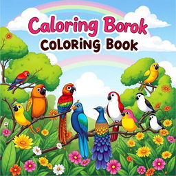 A whimsical and playful coloring book cover for children, featuring a variety of adorable birds in a vibrant natural setting