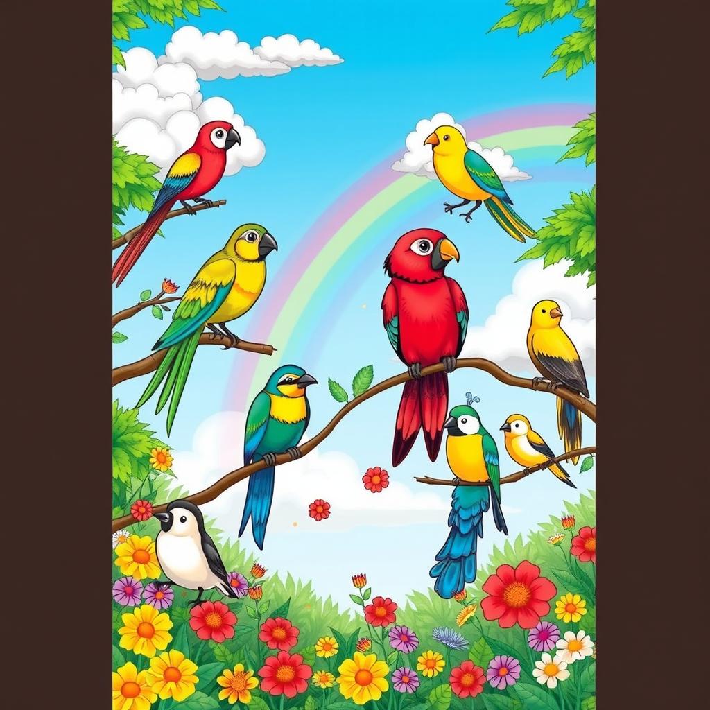 A whimsical and playful coloring book cover for children, featuring a variety of adorable birds in a vibrant natural setting