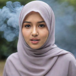 A young Asian woman wearing a hijab fleeing from smoke