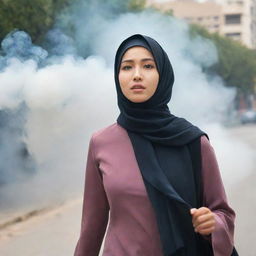 A young Asian woman wearing a hijab fleeing from smoke