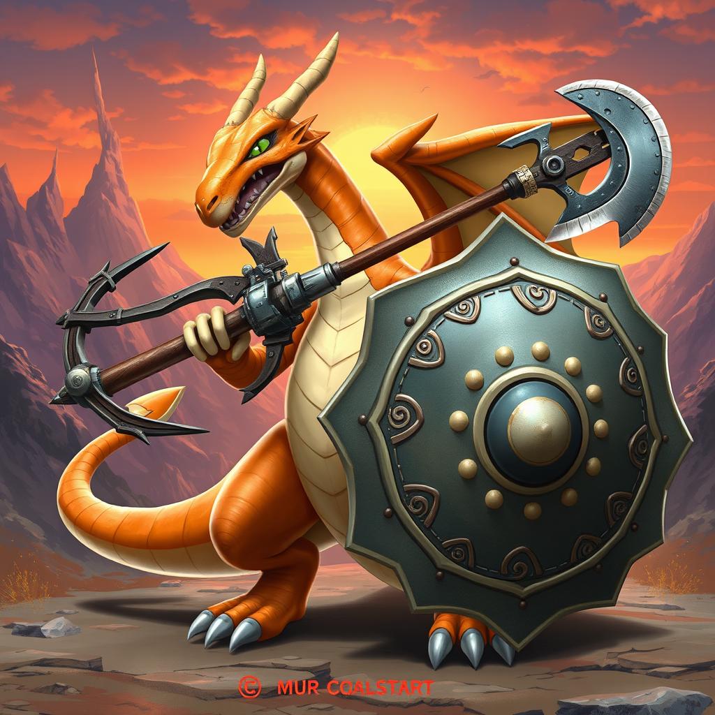 A majestic Dragonite wielding a formidable crossbow and a large double ax, standing confidently with a massive shield