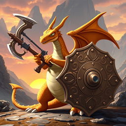 A majestic Dragonite wielding a formidable crossbow and a large double ax, standing confidently with a massive shield