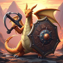 A majestic Dragonite wielding a formidable crossbow and a large double ax, standing confidently with a massive shield