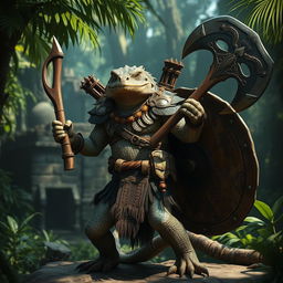 A fierce Lizardfolk warrior adorned with tribal armor, wielding a fearsome crossbow in one hand and a large double ax in the other