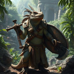 A fierce Lizardfolk warrior adorned with tribal armor, wielding a fearsome crossbow in one hand and a large double ax in the other