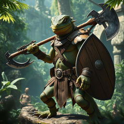 A fierce Lizardfolk warrior adorned with tribal armor, wielding a fearsome crossbow in one hand and a large double ax in the other