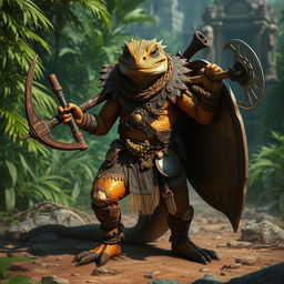 A fierce Lizardfolk warrior adorned with tribal armor, wielding a fearsome crossbow in one hand and a large double ax in the other