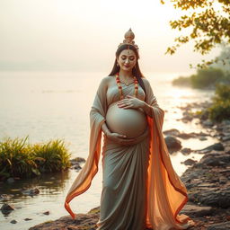 A serene scene of the pregnant Goddess Ganga standing by the riverside, smiling gently as she lovingly holds her belly