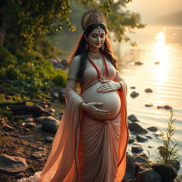 A serene scene of the pregnant Goddess Ganga standing by the riverside, smiling gently as she lovingly holds her belly