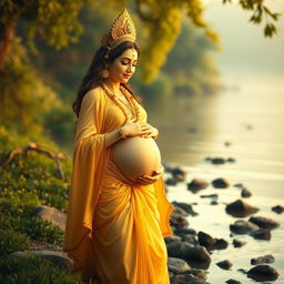 A serene scene of the pregnant Goddess Ganga standing by the riverside, smiling gently as she lovingly holds her belly