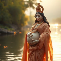 A serene scene of the pregnant Goddess Ganga standing by the riverside, smiling gently as she lovingly holds her belly