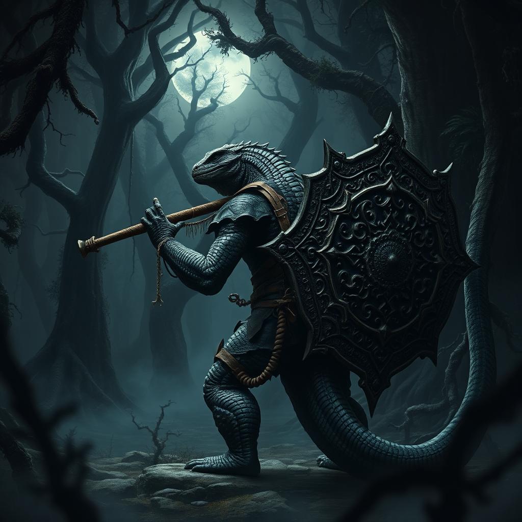 A fearsome Lizardfolk warrior stands in a dimly lit ancient forest, holding a massive crossbow in one hand and a finely crafted ax in the other