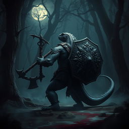 A fearsome Lizardfolk warrior stands in a dimly lit ancient forest, holding a massive crossbow in one hand and a finely crafted ax in the other