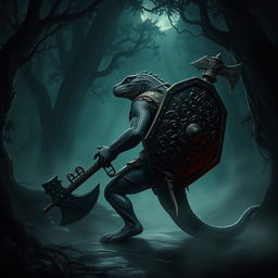 A fearsome Lizardfolk warrior stands in a dimly lit ancient forest, holding a massive crossbow in one hand and a finely crafted ax in the other